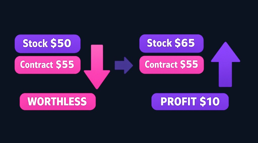 If the stock stays below $55, the right to buy at $55 has little value. If the stock climbs to $65, that right becomes worth approximately $10