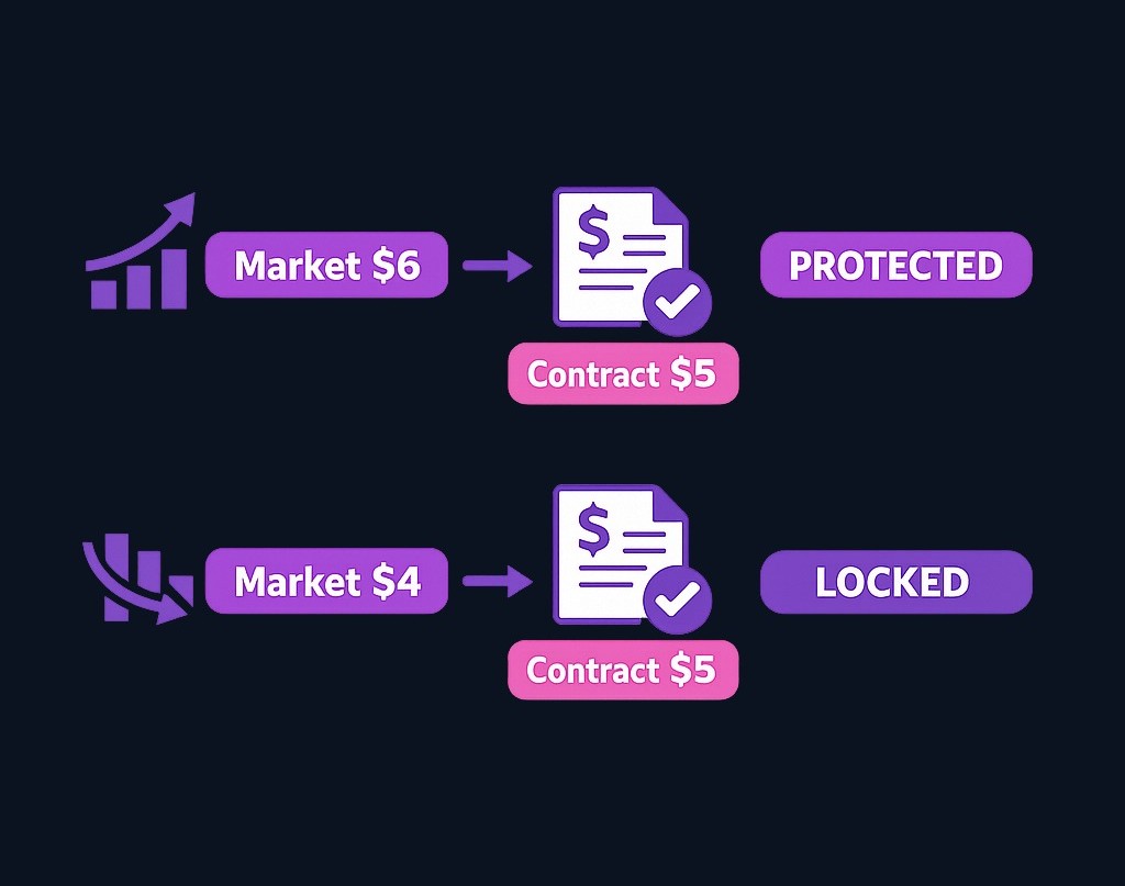 The forward contract locks in certainty but removes flexibility. The roaster is protected if prices rise but misses savings if prices fall.