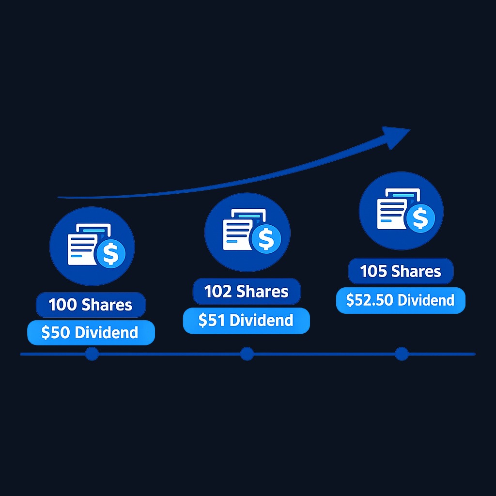 Compounding works because each reinvested dividend increases your share count, which increases the next dividend, which buys even more shares. Over decades, this loop can contribute significantly to total returns.