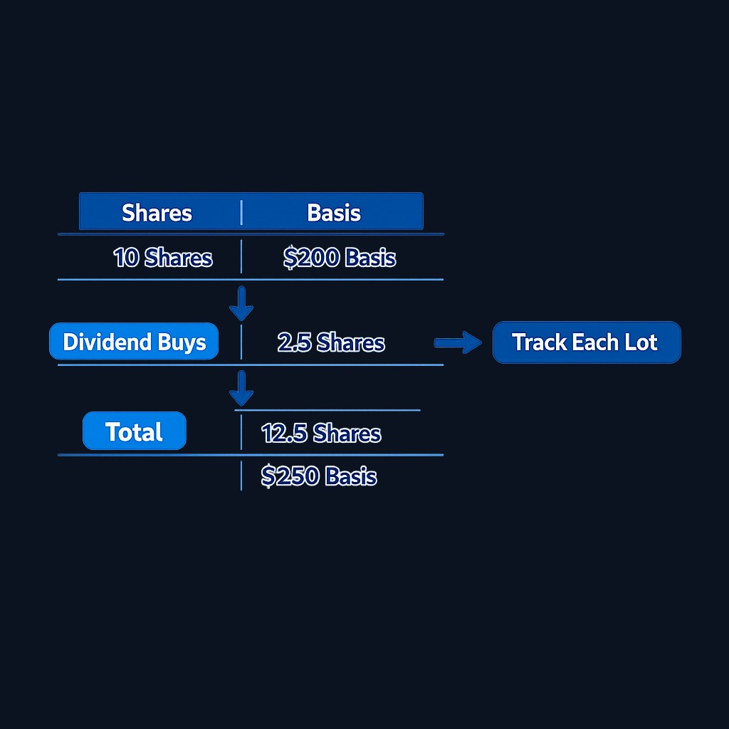 Each reinvested dividend becomes a new tax lot with its own cost basis. For example, if a $50 dividend buys 2.5 shares at $20 each, those shares have a $50 basis. Tracking every lot accurately reduces your taxable gain when you sell.