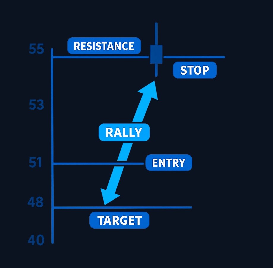 Example: Stock rallies from $40 to $52, stalls at prior resistance, then prints a gravestone doji at $53 with a long upper wick. A