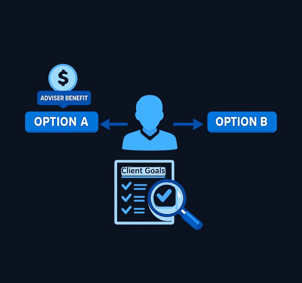 When reviewing two investment options, a fiduciary must analyze fit with client goals (care) and disclose any personal financial benefit from recommending one option over another (loyalty).