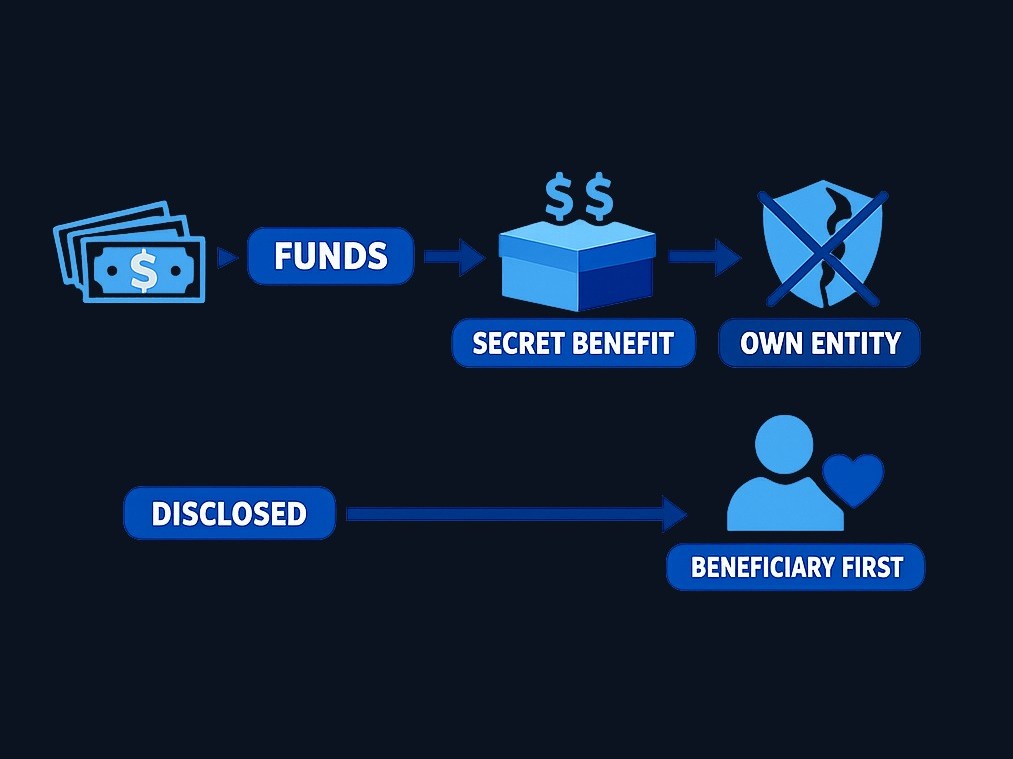 A breach occurs when a fiduciary secretly directs funds to their own entity without disclosure. The violation isn't just poor performance—