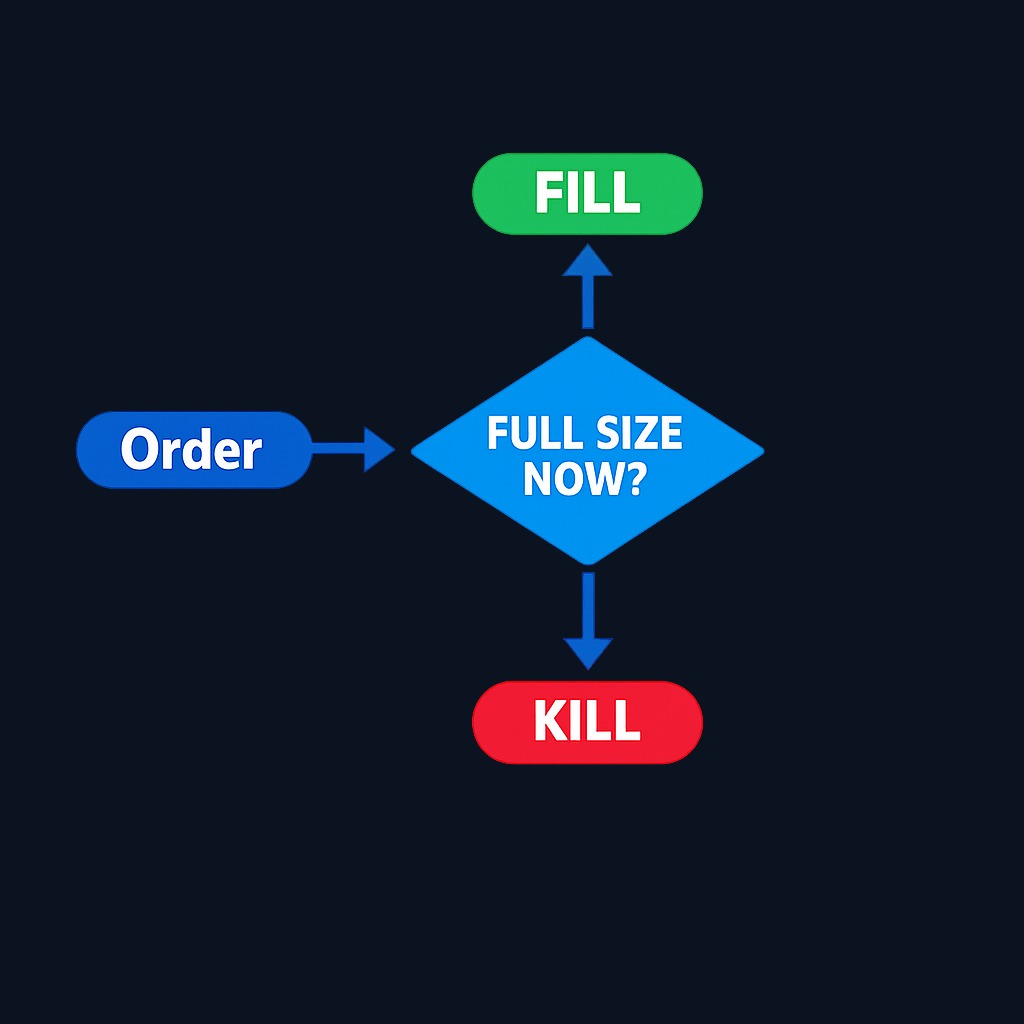A fill or kill order has only two possible outcomes: the broker either executes the entire order immediately at your price, or cancels the whole thing with zero shares filled.
