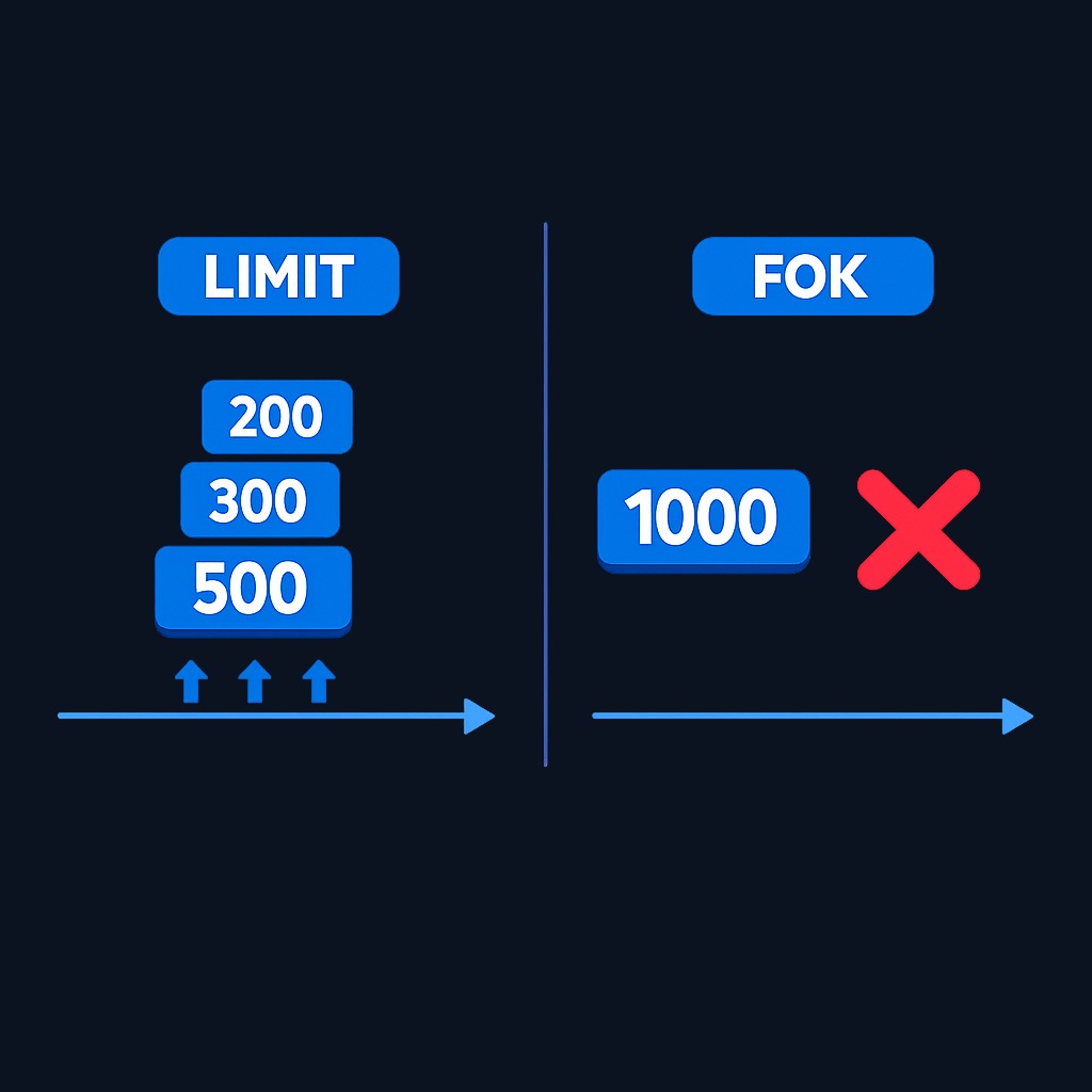 Unlike a standard limit order that can fill in multiple pieces over time (200 shares now, 300 later), a fill or kill order executes the full quantity instantly or cancels completely—no partial fills, no waiting.