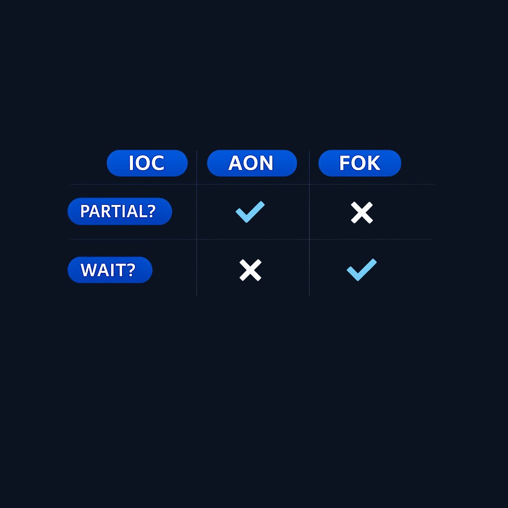 Three order qualifiers compared: Immediate or Cancel accepts partial fills instantly; All or None waits for full size but refuses partials; Fill or Kill demands full size right now or cancels everything. FOK is the strictest combination.