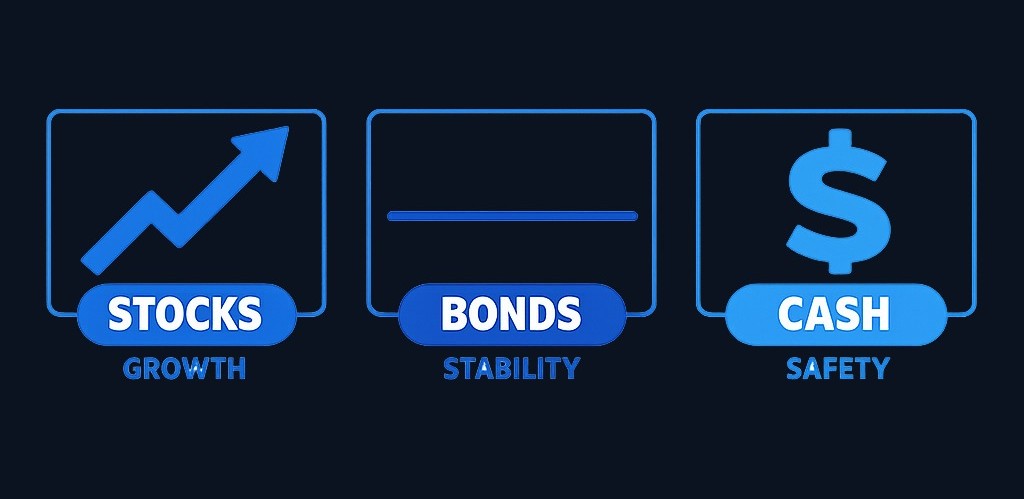 The three main asset classes for beginners: stocks offer growth potential with volatility, bonds provide stability with moderate risk, and cash offers safety but limited long-term returns.