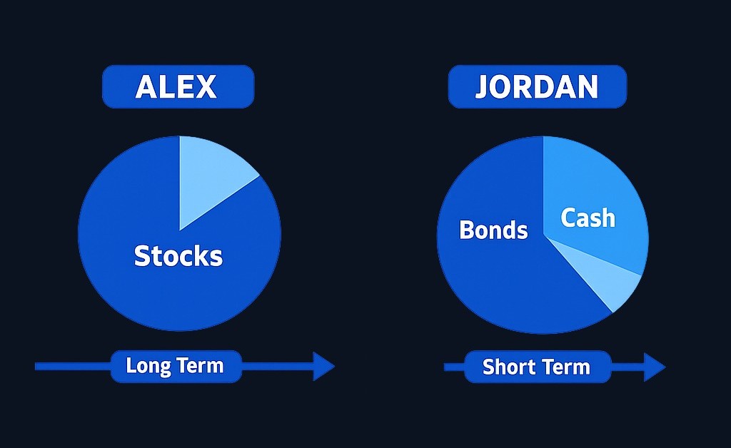 Alex (28, long timeline) may consider a growth-focused portfolio, while Jordan (45, short timeline) may need a conservative approach for a near-term goal. Time horizon shapes allocation strategy.