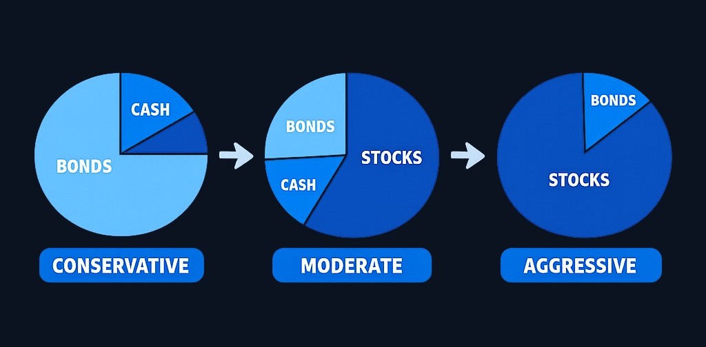 Three sample allocations ranging from conservative (more bonds and cash) to aggressive (more stocks). These are educational
