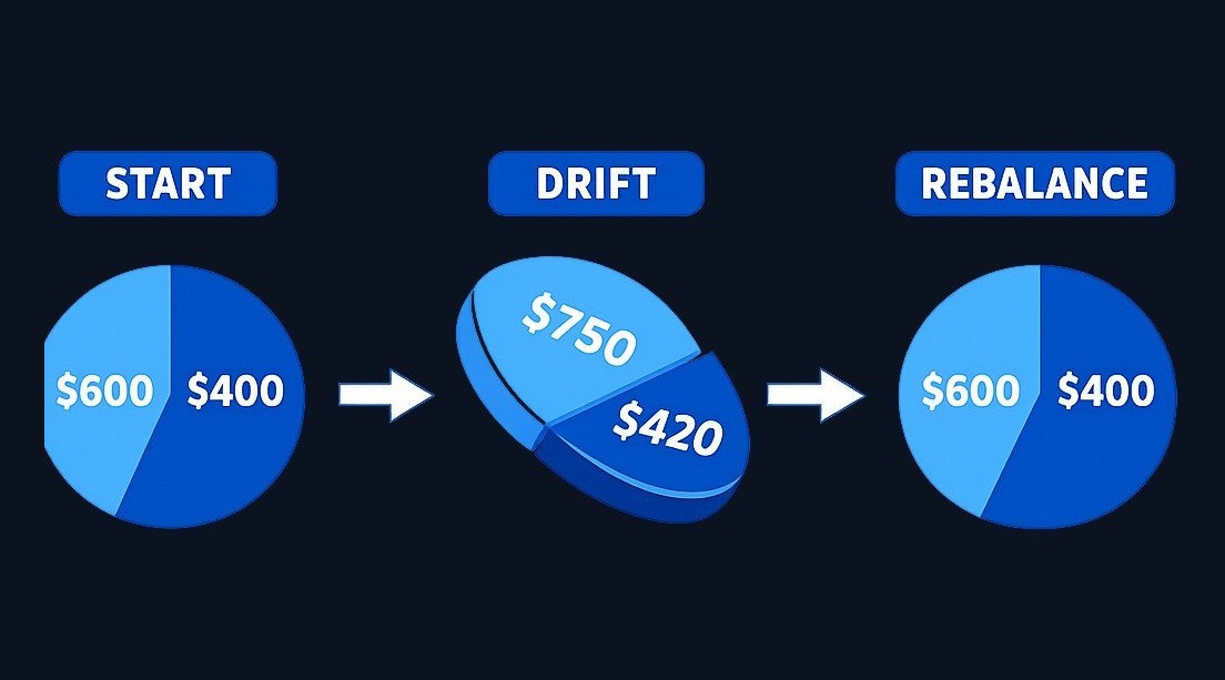 A portfolio starts at 60% stocks ($600) and 40% bonds ($400). After stocks rise, it drifts to 64% stocks ($750) and 36% bonds ($420).