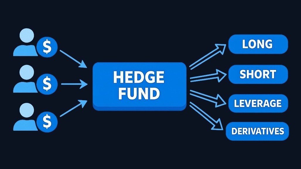 A hedge fund pools investor money and uses multiple tools—long positions, short selling, leverage, and derivatives—to pursue returns across different markets.
