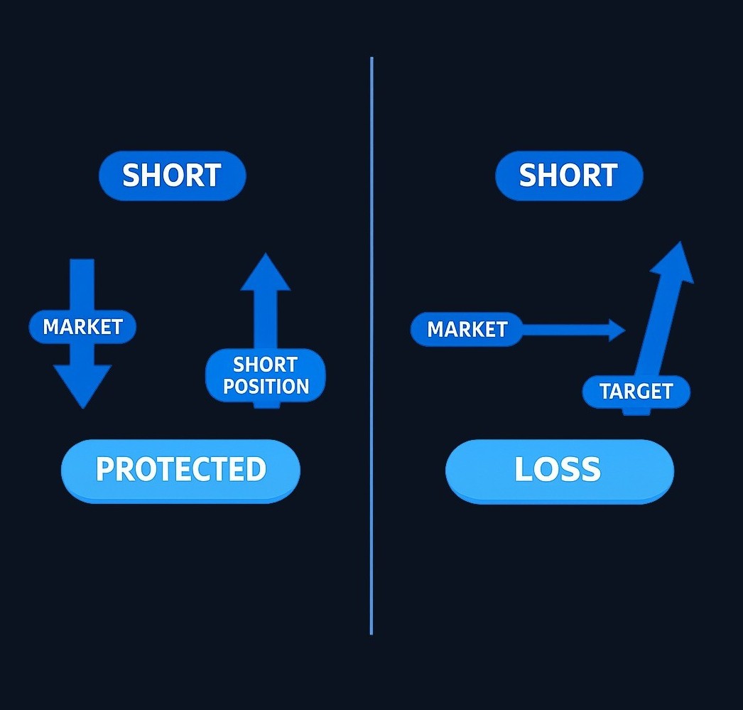 A short position can reduce broad market exposure (left scenario) or increase risk if the shorted security rises instead of falls (right scenario). The same tool produces opposite outcomes.