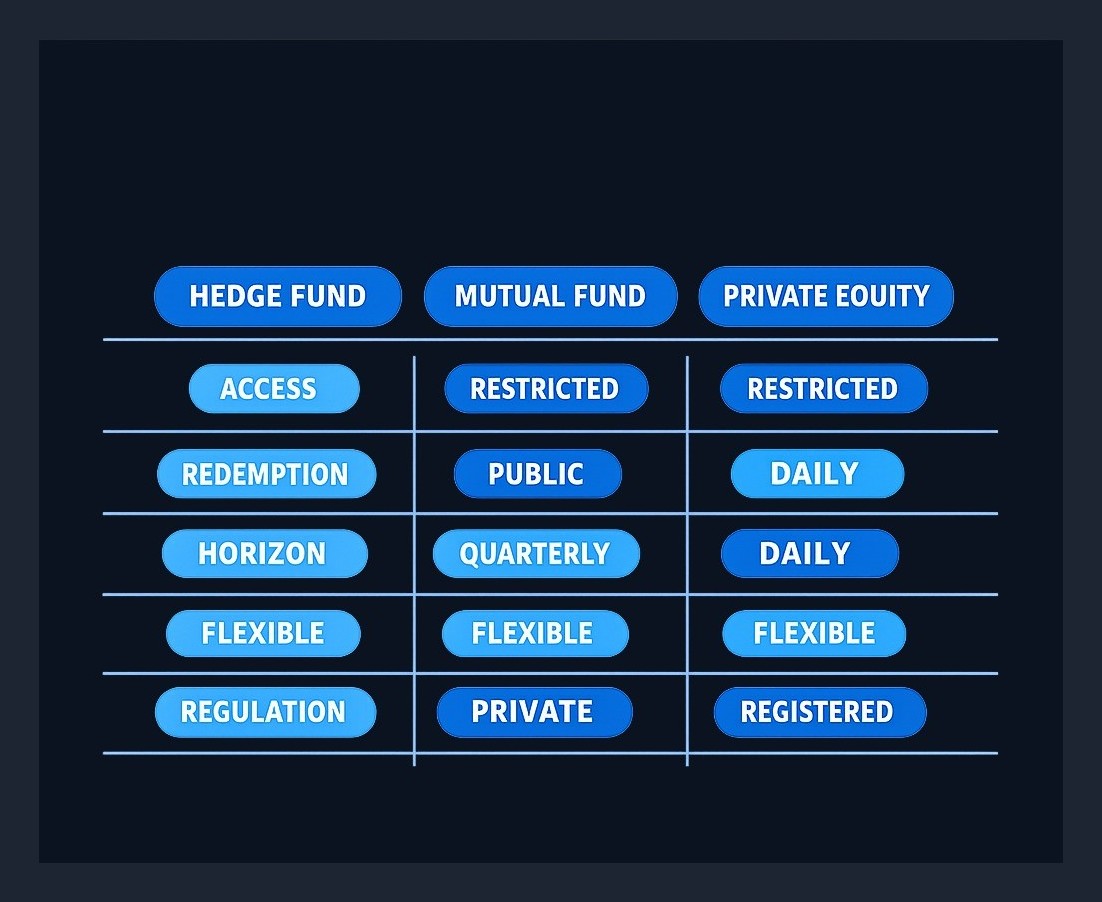 Hedge funds, mutual funds, and private equity differ in registration status, investor access, redemption frequency, and typical investment horizon.