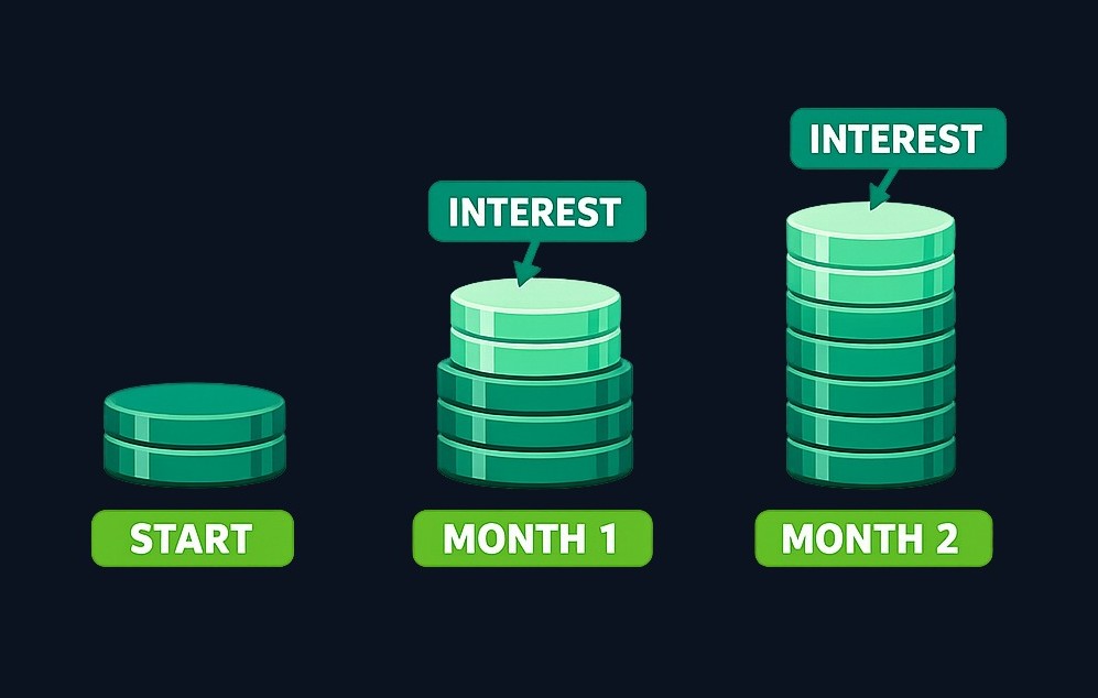 When interest stays in your account, future interest is calculated on your original deposit plus the accumulated interest—this is compounding at work.