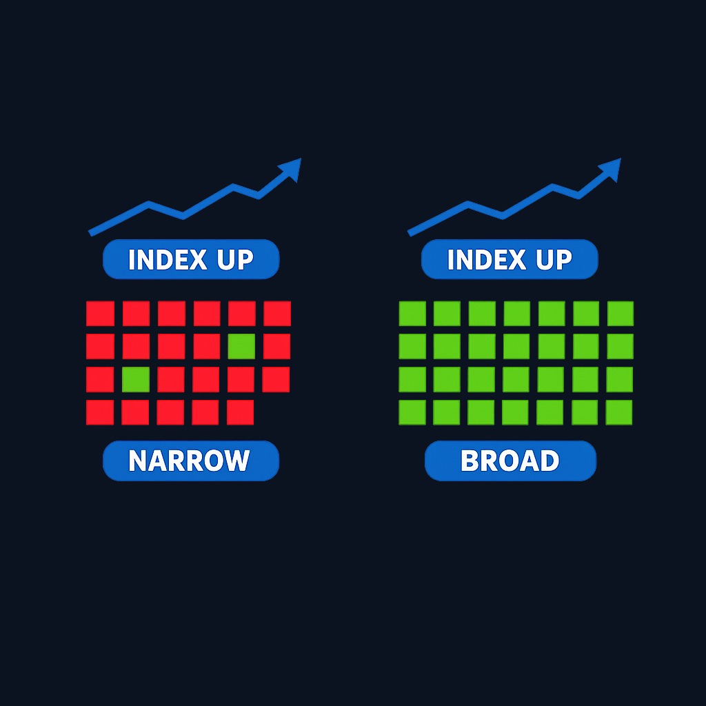Market breadth reveals the difference between index movement and actual stock participation. An index can rise while most stocks fall