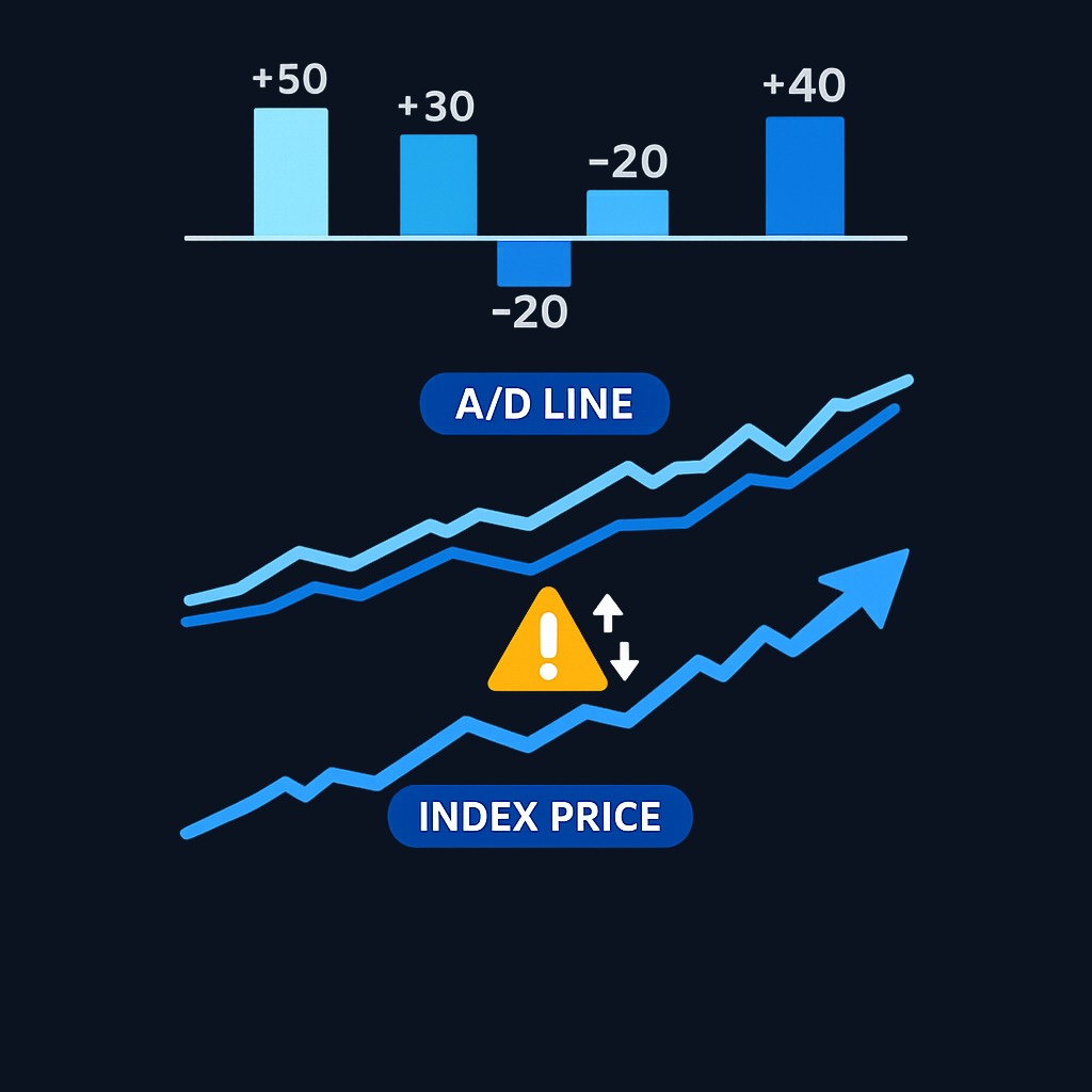 The advance-decline line is built by adding each day's net advances (advancing stocks minus declining stocks) to a cumulative total.