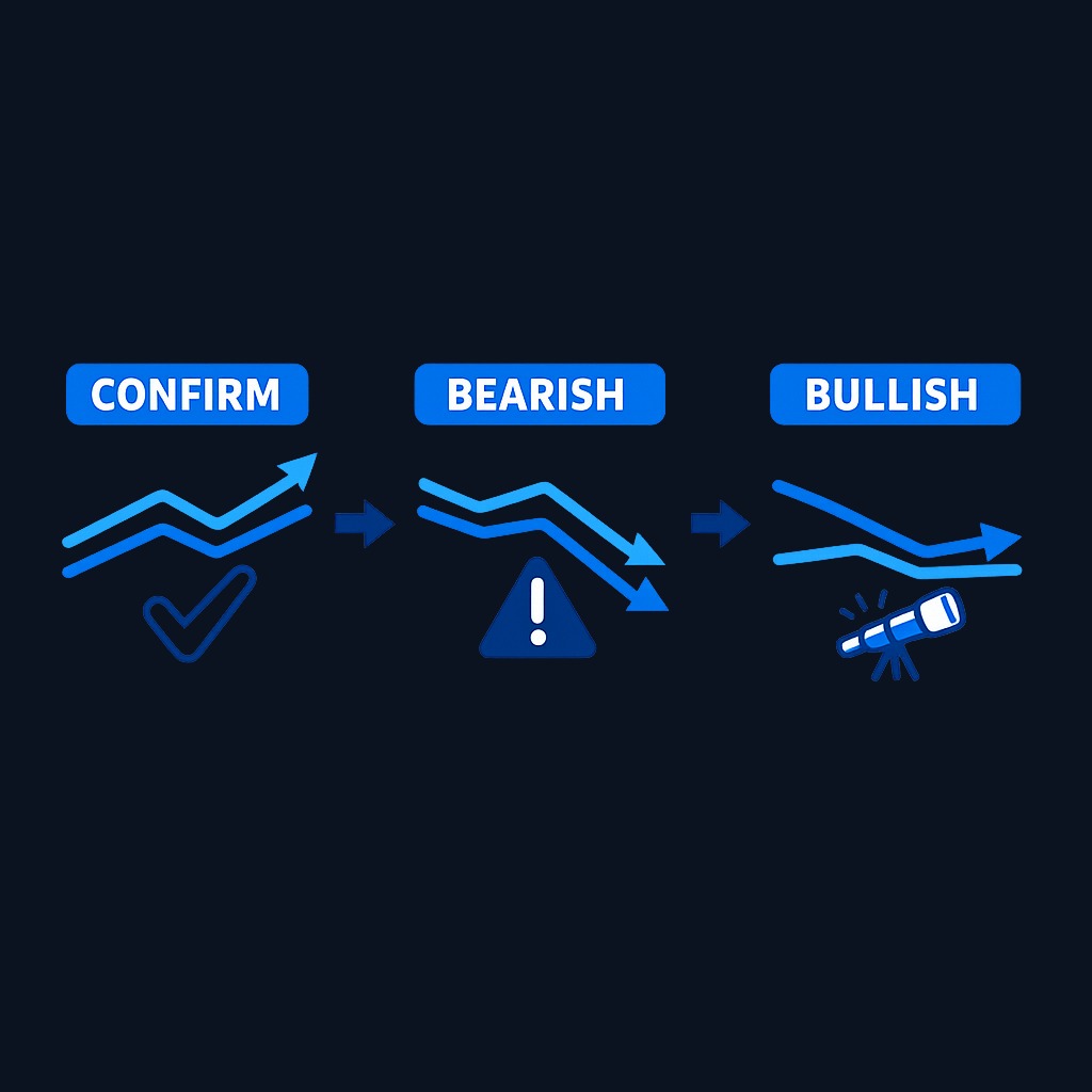 Three key breadth patterns: Confirmation (both rising together), Bearish Divergence (index up while breadth weakens), and Bullish Divergence (index down while breadth improves). Each pattern tells you about trend quality and potential turning points.