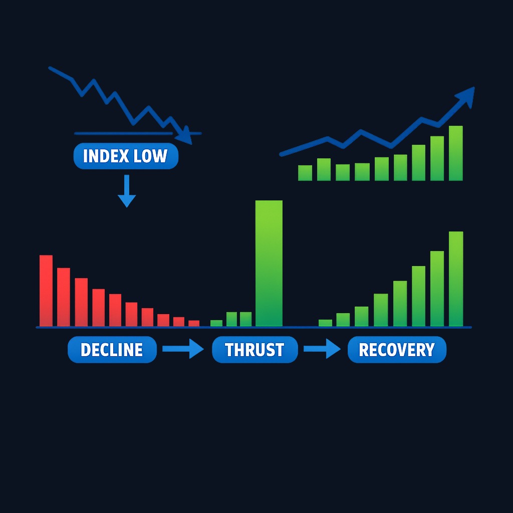 A breadth thrust occurs when advancing volume and advancing stocks suddenly overwhelm declining ones after a downtrend. This rare,