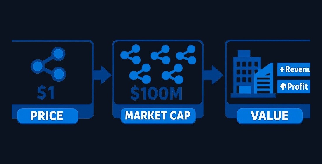 Share price is just the cost of one unit. Market cap shows the total company value. Business fundamentals determine true worth—three