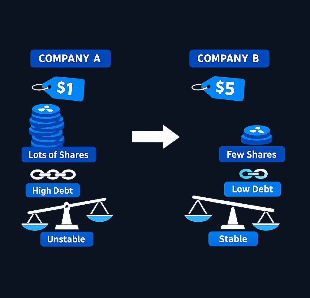 Company A trades at $1 but has massive share count and debt. Company B has a higher price but stronger fundamentals and fewer