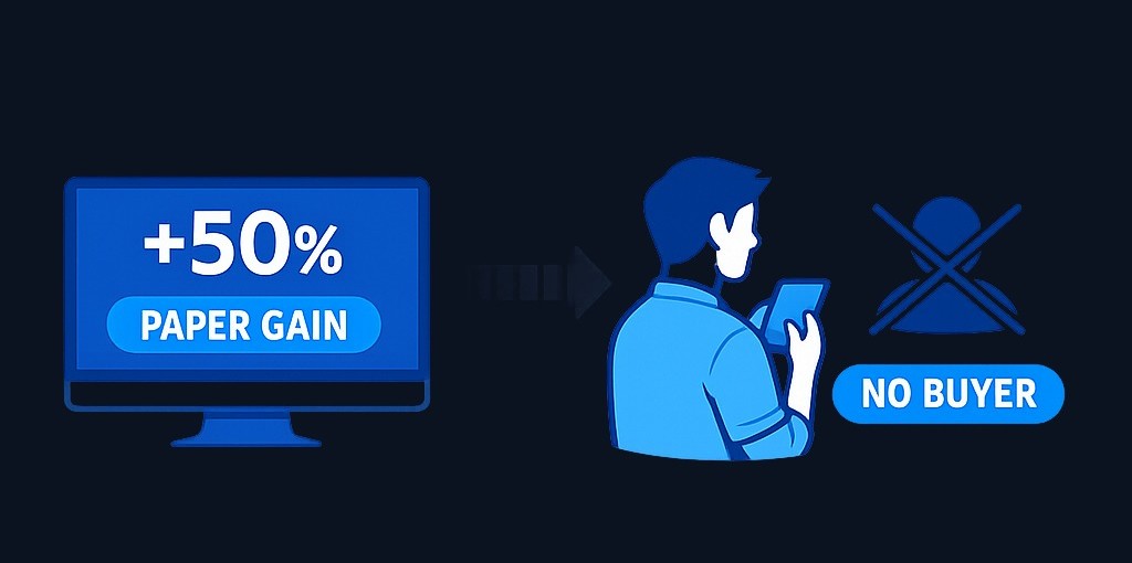Your screen may show a profit, but you need an actual buyer willing to pay that price. Low liquidity means quoted prices may not be