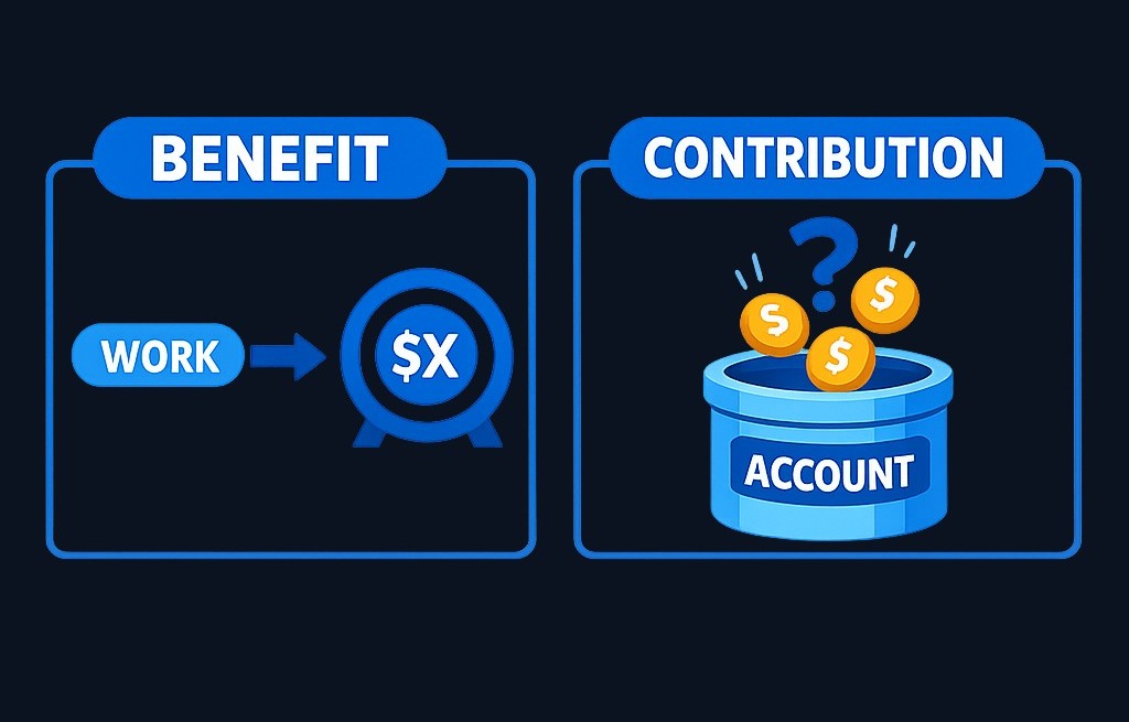 Defined benefit plans promise a specific retirement amount based on a formula. Defined contribution plans build an individual account