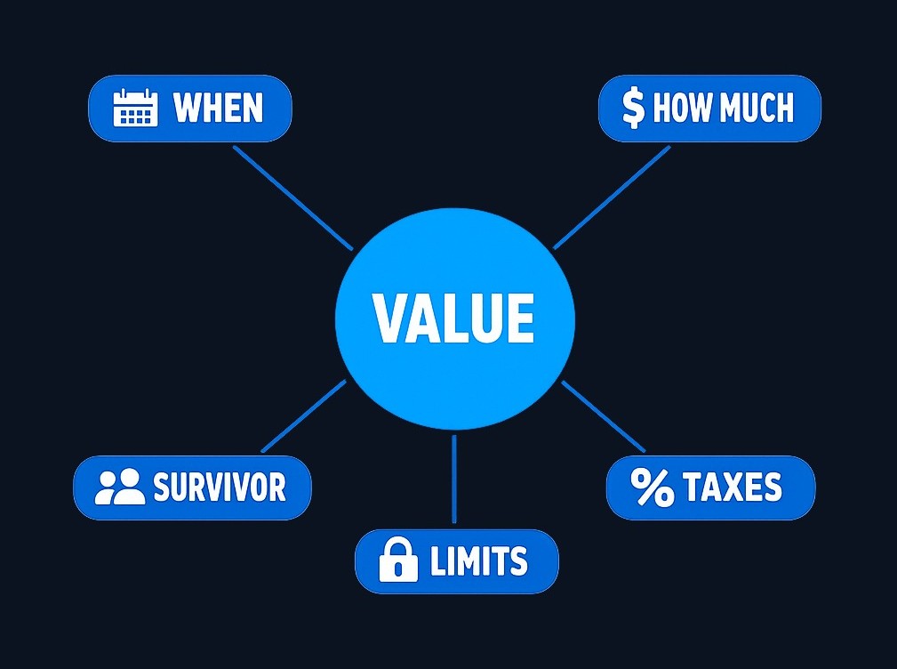 Pension value isn't just the quoted number. Consider when payments begin, payment frequency, survivor benefits, flexibility, taxes, and