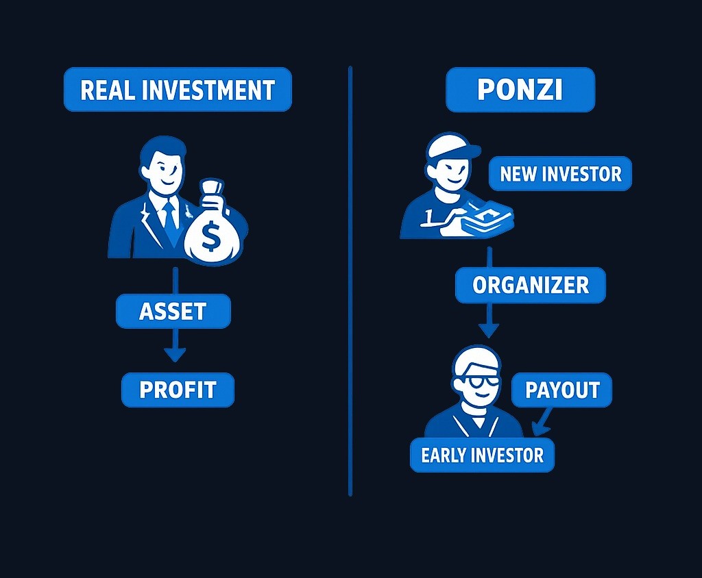 The critical difference: legitimate investments generate returns from real assets or business performance. Ponzi schemes use new