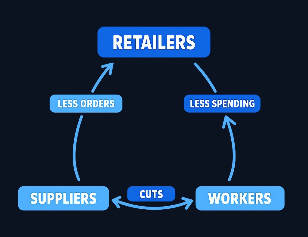 When retailers report weak sales, they cut orders and reduce staff. Suppliers then cut production. Affected workers spend less,