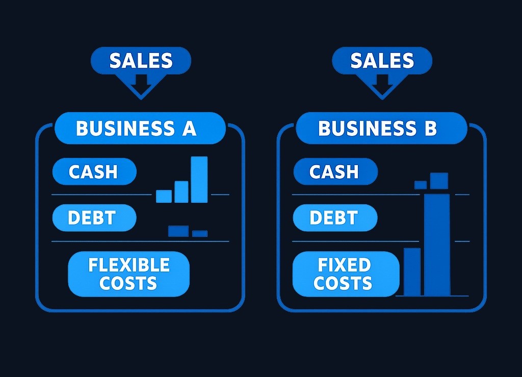 Two businesses with similar sales can face very different recession risks. Flexible expenses and cash reserves provide a cushion. High