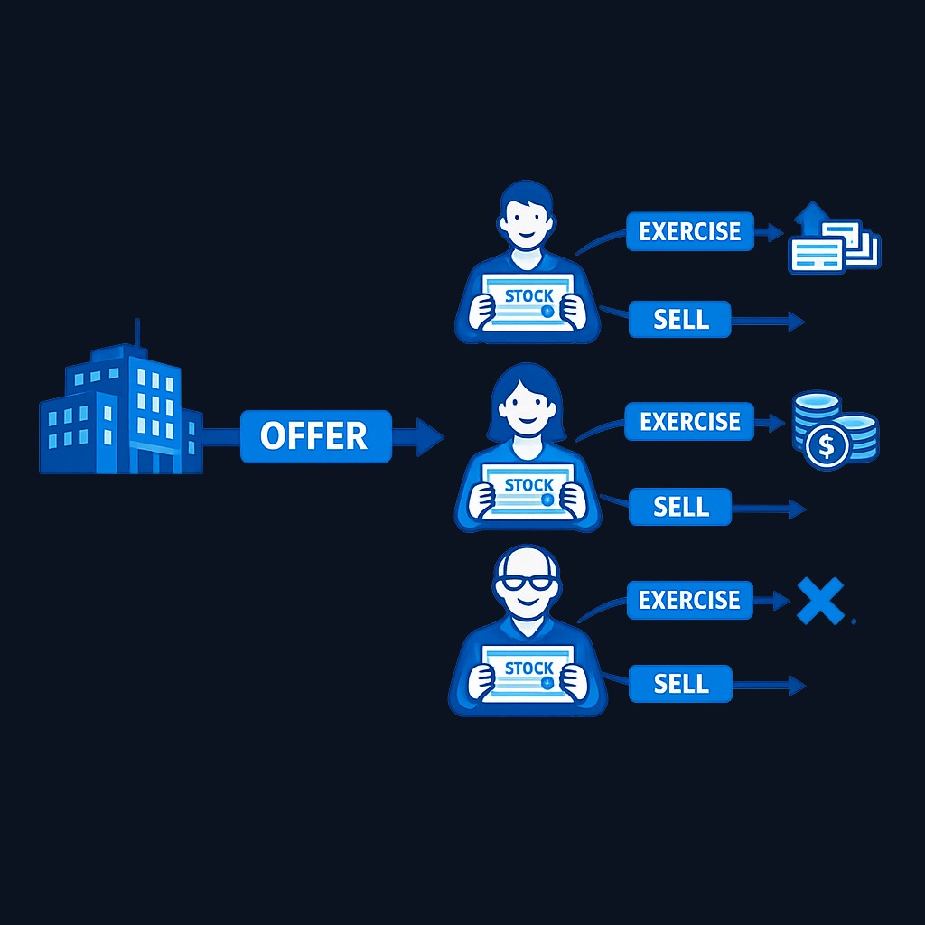 In a rights offering, the company grants existing shareholders the option to purchase additional shares at a discount, proportional to their current holdings. Shareholders can exercise, sell (if transferable), or let the rights expire.