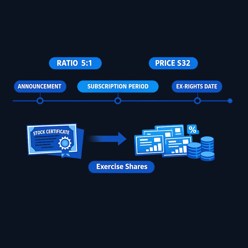 Rights offerings follow a structured timeline with specific terms. The subscription price is the discounted purchase price, the ratio determines