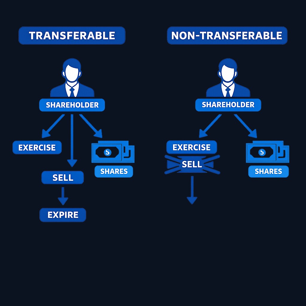 Transferable rights can be sold to other investors, letting you capture value without investing more capital. Non-transferable rights must either