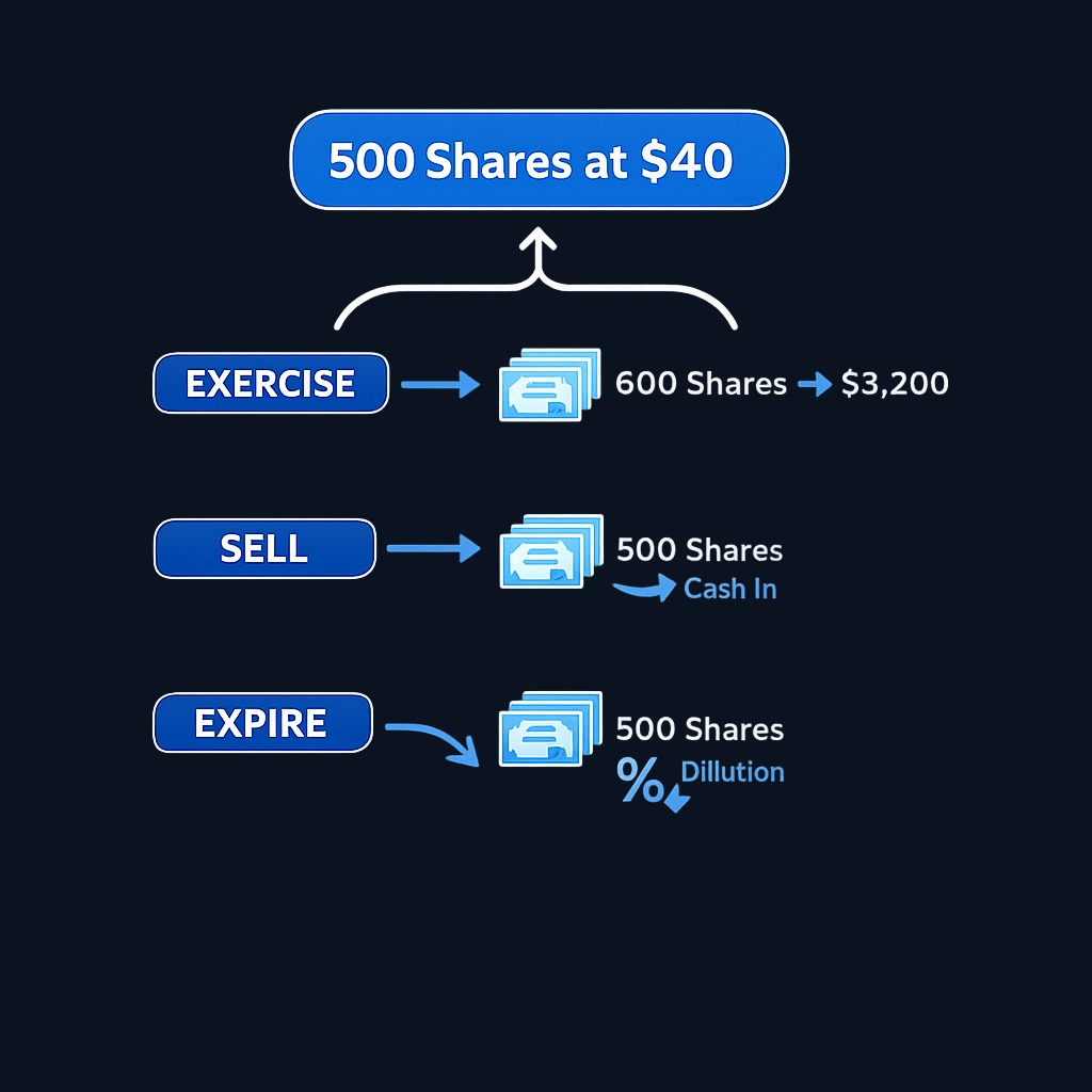 Starting with 500 shares at $40, a 1-for-5 rights offering at $32 lets you buy 100 new shares for $3,200. If you exercise, you own 600 shares at a blended cost. If you decline, your ownership percentage decreases as others participate.