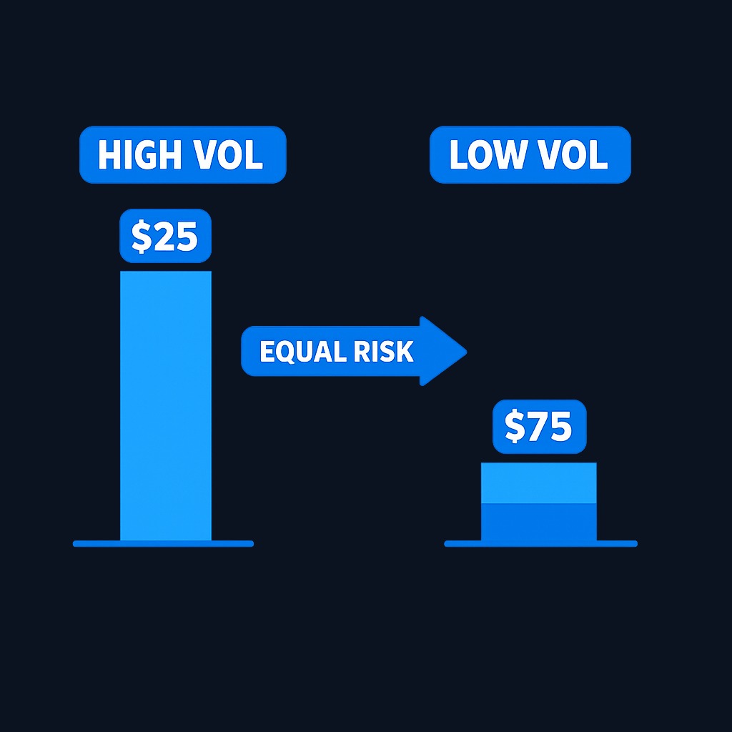 In risk parity, volatile assets receive less capital, stable assets receive more, so each contributes equally to total portfolio swings.