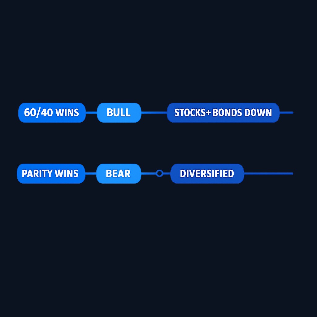 Risk parity tends to perform better in equity bear markets and periods of stock-bond diversification. Traditional equity-heavy portfolios shine