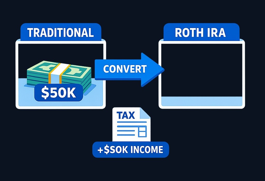 A Roth conversion moves money from a traditional retirement account into a Roth IRA. The amount you convert (that hasn't been taxed