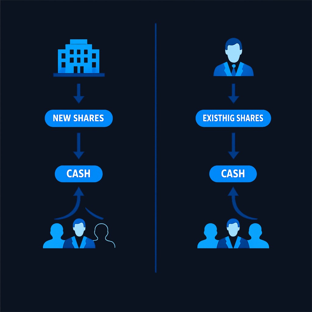 In a secondary offering, money flows either to the company's balance sheet (when new shares are issued) or to the selling shareholders (when existing shares are sold). This difference determines whether the offering is dilutive.