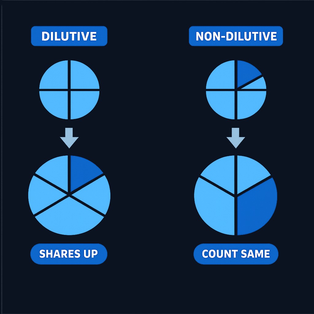 Dilutive offerings increase total shares (left), shrinking each holder's percentage ownership. Non-dilutive offerings (right) keep the share count