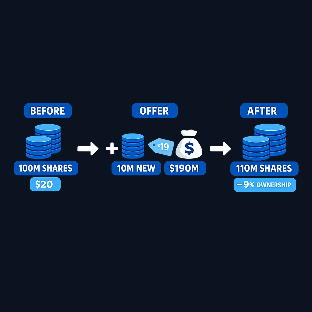 Before the offering, 100 million shares trade at $20 each. The company issues 10 million new shares at $19, raising ~$190 million. After the