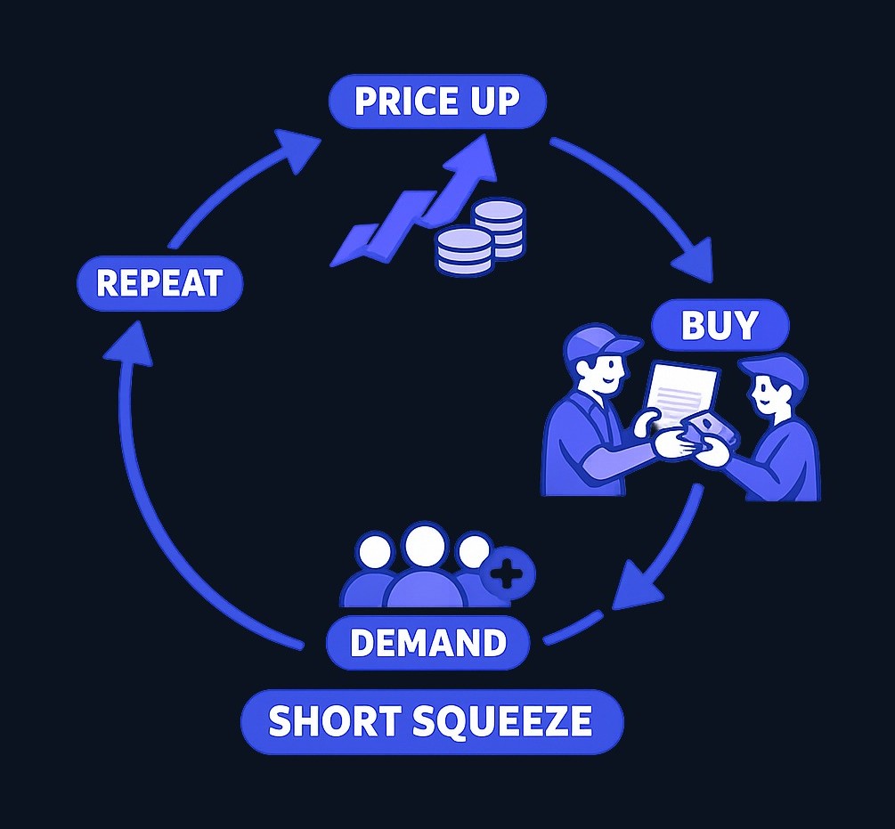 A short squeeze creates a self-reinforcing cycle: rising prices pressure short sellers to buy shares to close positions, which pushes prices even higher, forcing more covering.