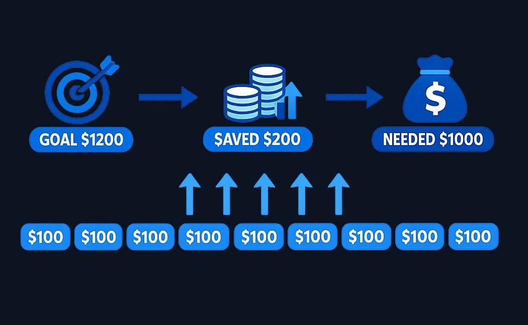 Example: You need $1,200 for a trip in 10 months. You've saved $200, so you need $1,000 more. That's $100 per month: ($1,200 −