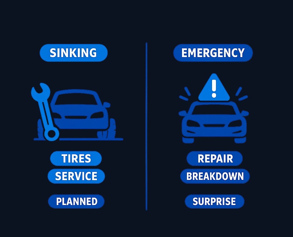 Sinking funds cover predictable costs like routine servicing or tire replacement. Emergency funds handle unexpected major repairs. The