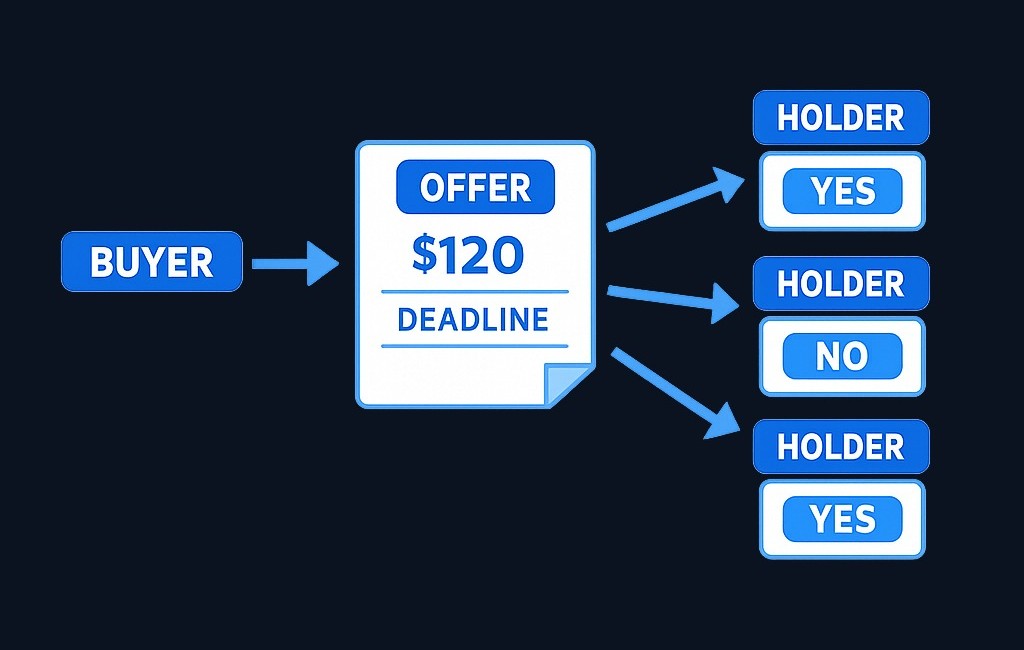 In a tender offer, a buyer (either the company itself or an outside bidder) makes a public invitation to security holders, who then individually decide whether to sell their shares under the stated terms.