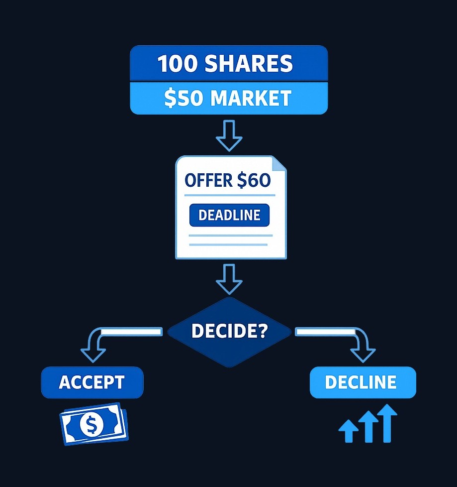 A shareholder owns 100 shares trading at market price. The company offers a premium price per share with a deadline. The shareholder