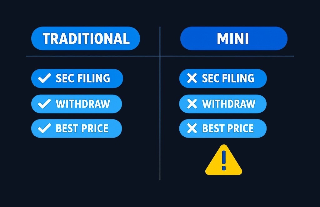 Traditional tender offers require detailed SEC filings, provide withdrawal rights, and must follow the best-price rule. Mini-tender offers