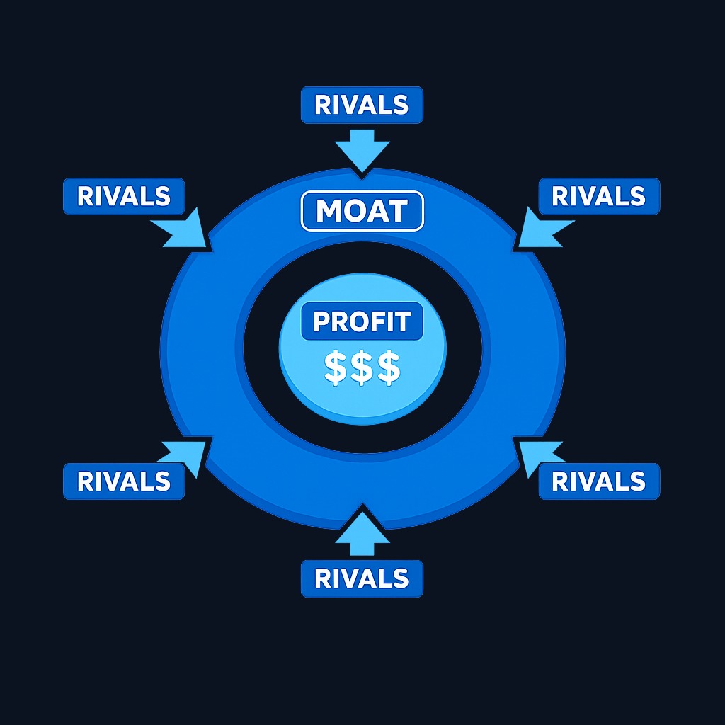 An economic moat acts as a structural barrier between a profitable business and its competitors, protecting above-average returns over time—just as a physical moat protected medieval castles from attackers.