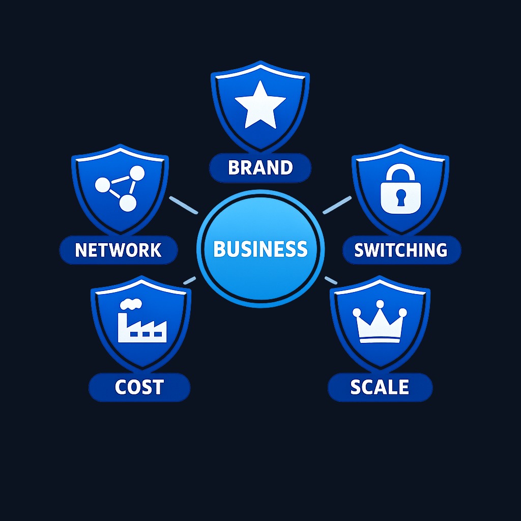 The five primary sources of competitive advantage: intangible assets (brand, patents), network effects (value from user base), switching costs (integration lock-in), cost advantages (economies of scale), and efficient scale (natural monopoly dynamics). Strong businesses often layer multiple moat types together.