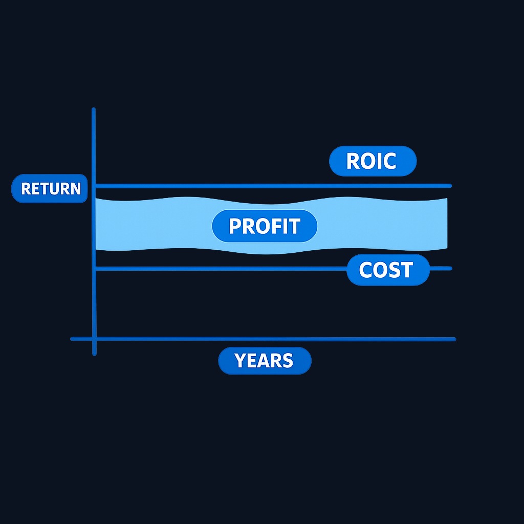 A true moat shows up in the numbers: sustained return on invested capital (ROIC) consistently above the company's cost of capital creates economic profit. The wider and more persistent that gap, the stronger the moat evidence. One good year means little; five to ten years of excess returns suggest something structural.