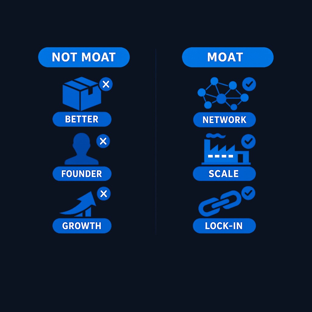Moats are structural, not situational. A better product, charismatic leader, or hot growth trajectory may attract attention and capital, but they also attract competition. True moats—network effects, cost advantages, deep switching costs—survive competitive assaults because they cannot be easily copied or overcome, even by well-funded rivals.